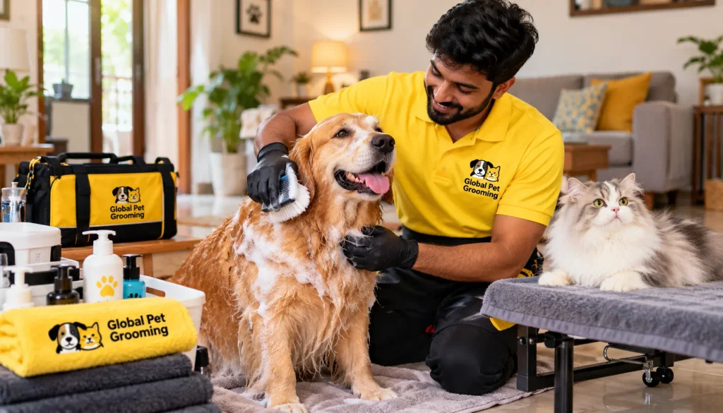 Professional dog and cat grooming at home by Global Pet Grooming in India.
